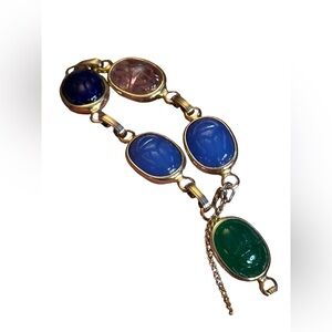 Multicolor vintage gold filled stone egyptian Scarab  Gemstone Bracelet